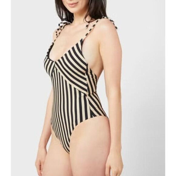 New VERO MODA Size US S VMANJU Striped High Leg Swimsuit Black/Cream - Picture 1 of 12